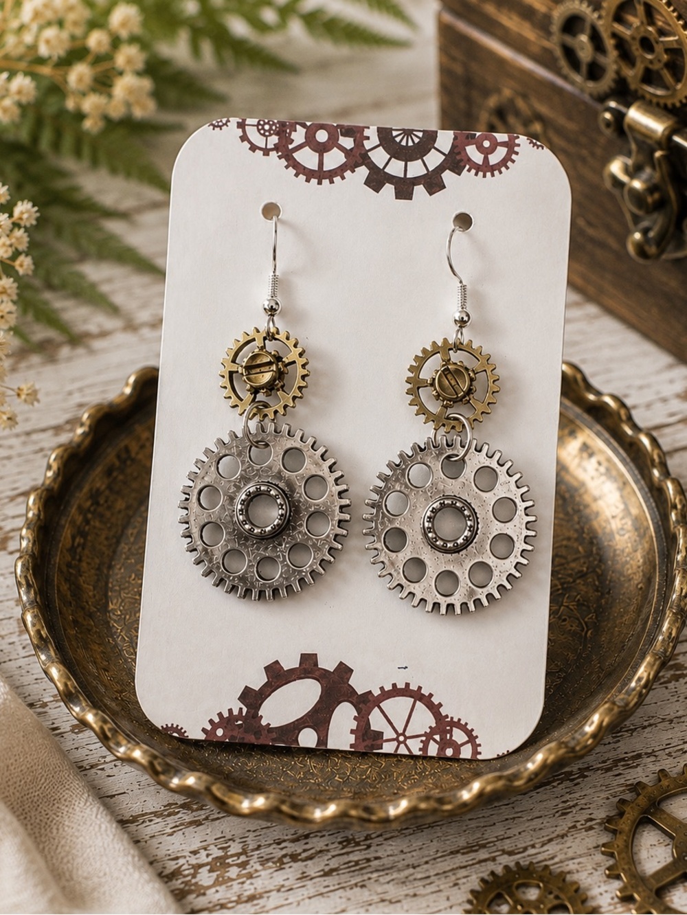 Handmade Steampunk Gear Dangle Earrings Silver Gold 2.25” | Version 6